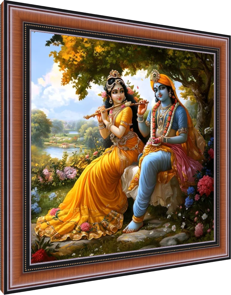 Devotional painting of Radha in a yellow lehenga holding a flute, sitting next to Krishna in a blue dhoti under a lush tree. — photo frame preview | PrintPosters.in